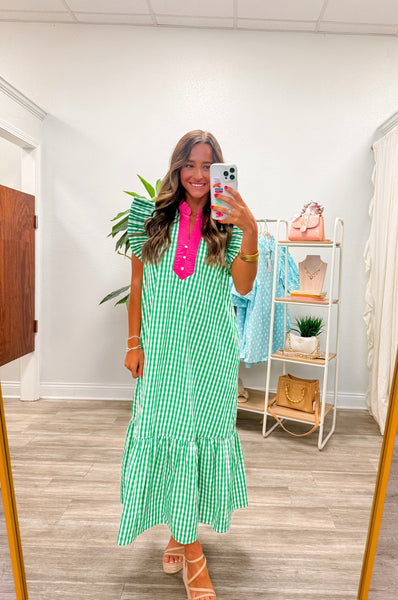 Gingham Flutter Sleeve Midi Dress