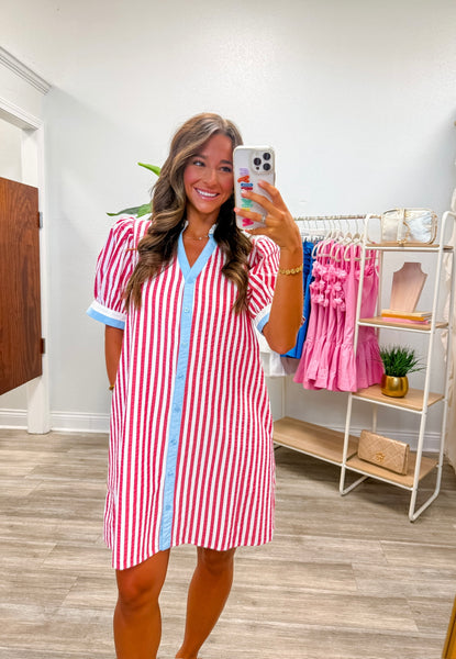Button Down Stripe Shift Dress