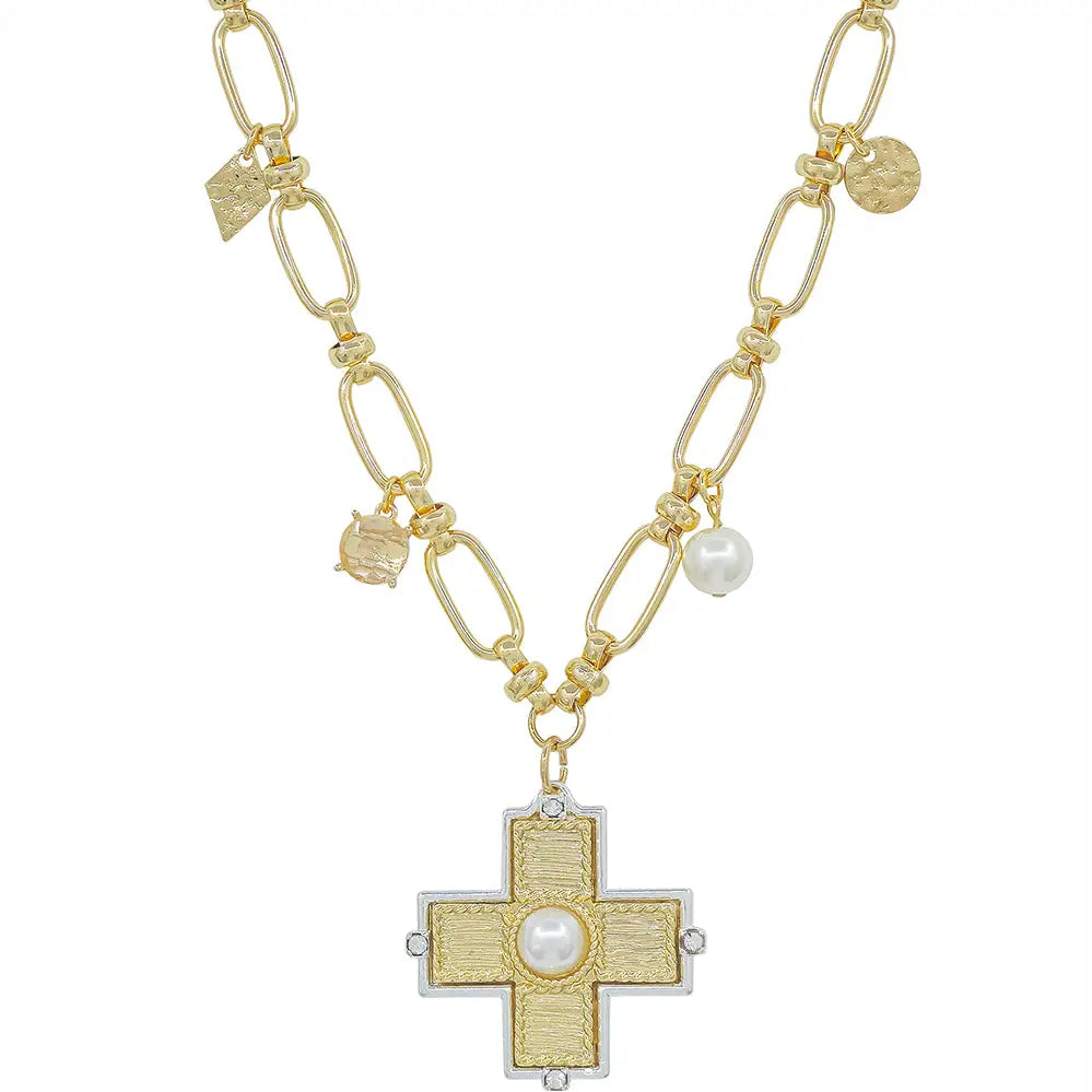 Gold Open Chain w/ Textured Cross w/ Pearl Charm 16"-18" Necklace