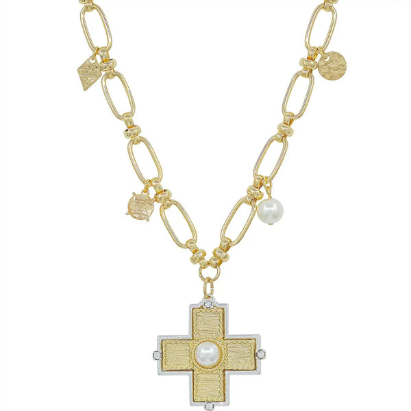 Gold Open Chain w/ Textured Cross w/ Pearl Charm 16"-18" Necklace