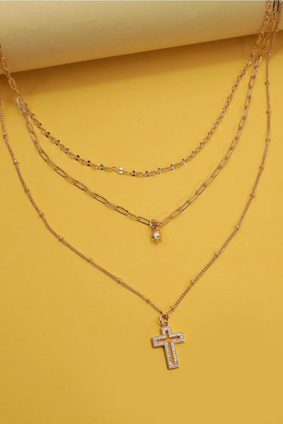 Multi Layer Rhinestone Cross Pendant Necklace