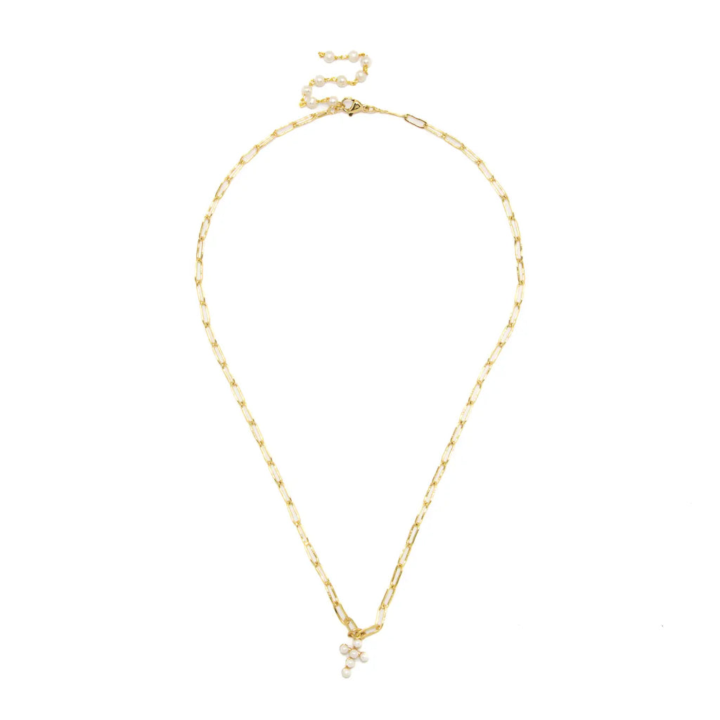 Gold Chain w/ Pearl Cross 16” Necklace