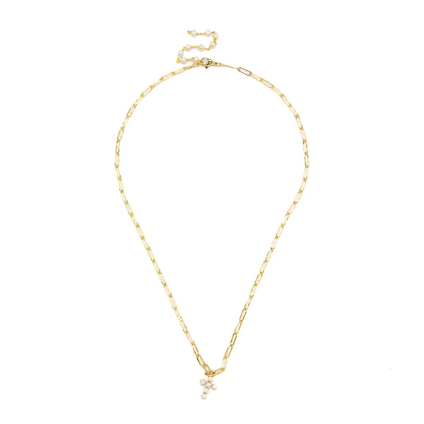 Gold Chain w/ Pearl Cross 16” Necklace