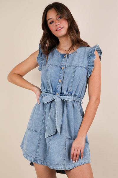 Washed Chambray Ruffle Detail Mini Dress