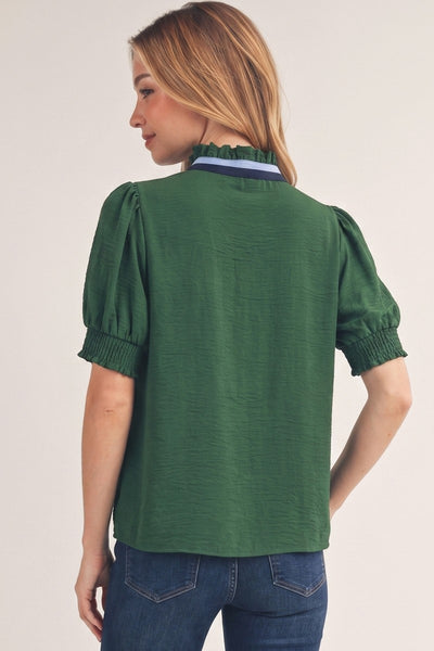 Ruffled Neckline Solid Crinkle Top