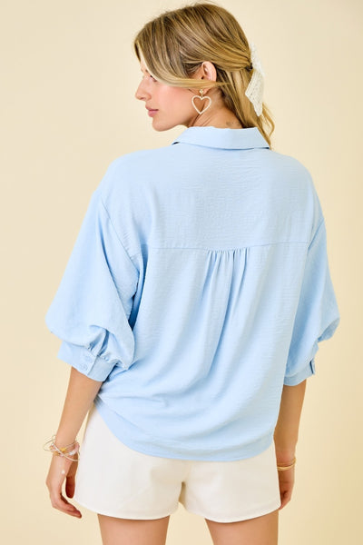 Cuffed Bubble Sleeve Button Down Top