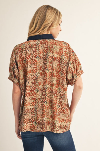 Contrast Accent Boho Print Top