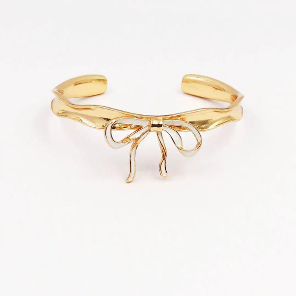 Gold Metal Hammered Cuff with White Bow