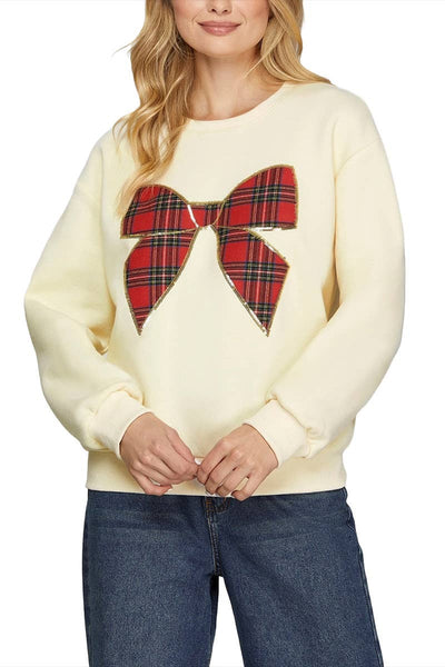 Christmas Plaid Bow Knit Top