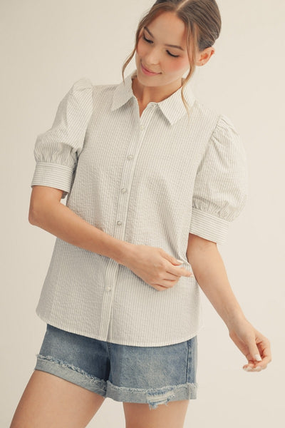 Pearl Rhinestone Button Detail Stripe Top