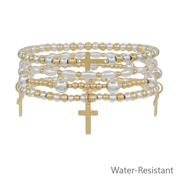 Water Resistant Set of 4 Gold & Silver Beaded w/ Pearl and Cross Charms Stretch Bracelet