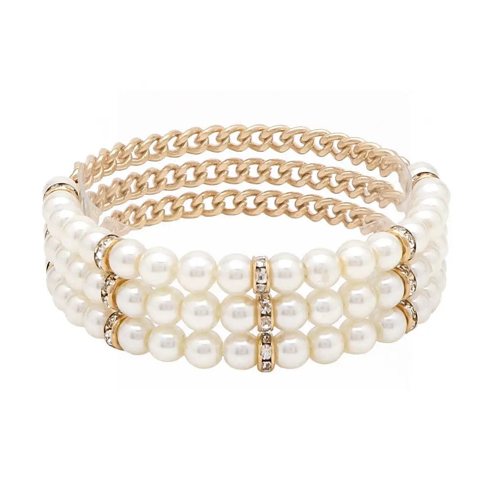 Gold Beaded & 5mm Pearl w/ Chain Set of 3 Stretch Bracelets