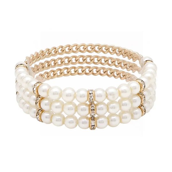 Gold Beaded & 5mm Pearl w/ Chain Set of 3 Stretch Bracelets