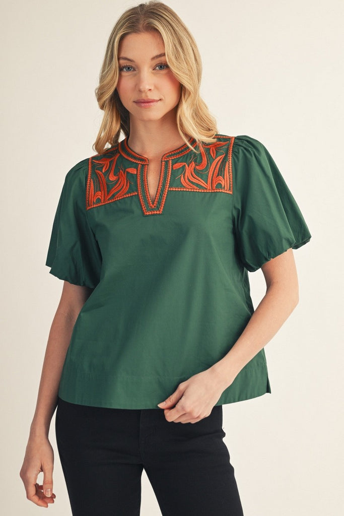 Puff Sleeves Embroidered Woven Top