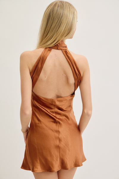Halter Neck & Satin A-Line Mini Dress