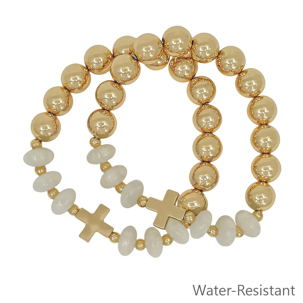 Set of 2 Gold Beaded w/ White Crystals & Gold Cross Stretch Bracelets