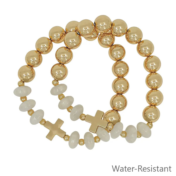Set of 2 Gold Beaded w/ White Crystals & Gold Cross Stretch Bracelets