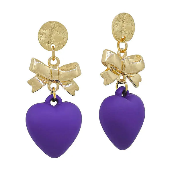 Hammered Circle Stud w/ Gold Bow Heart 2" Drop Earring