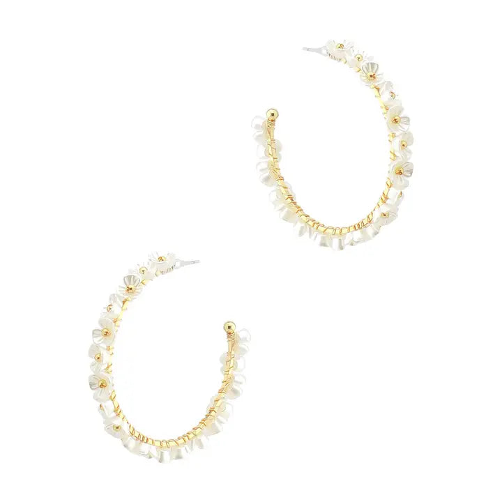 Pearlized Flower 1.75" Gold Hoop Earrings