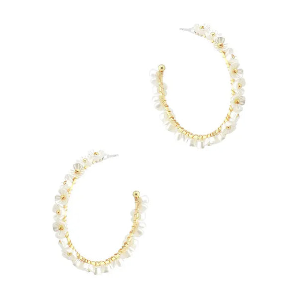 Pearlized Flower 1.75" Gold Hoop Earrings