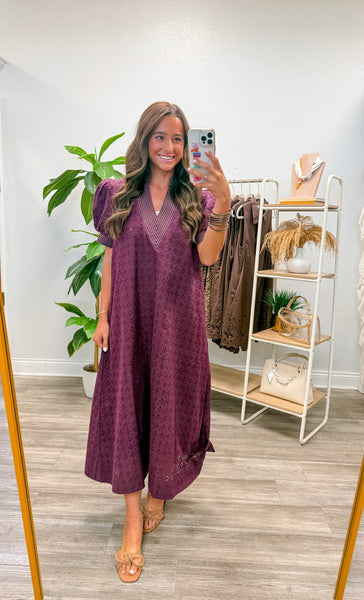 Solid Eyelet Short Puff Sleeve Midi Dress