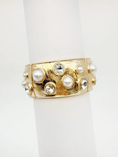 Gold Hammered Stretch Bracelet with Pearl and Crystal Accents