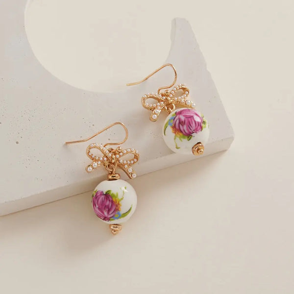 Round Shaped Ceramic Bead Brass Hook Earrings