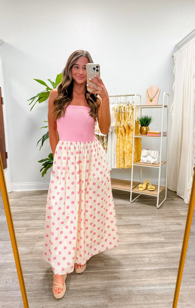 Strapless Polka Dot Tube Midi Dress