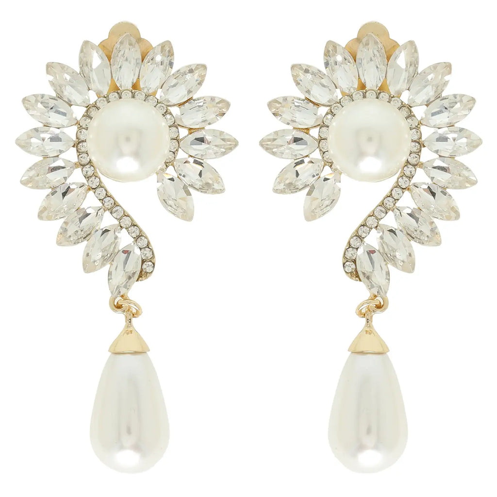 Metallic Floral Crystal Pearl Clip On Earrings