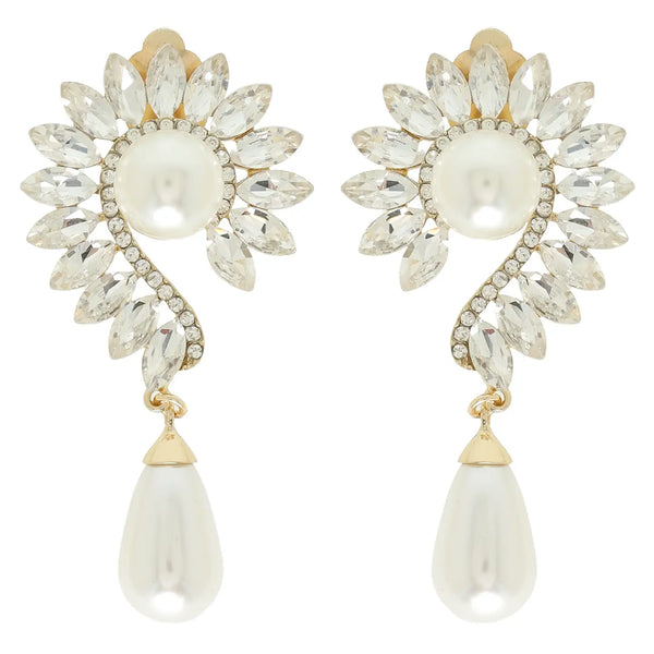 Metallic Floral Crystal Pearl Clip On Earrings