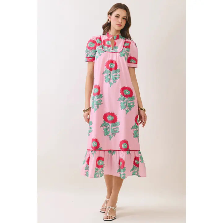Floral Mandarin Collar Midi Dress