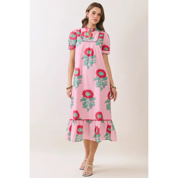 Floral Mandarin Collar Midi Dress