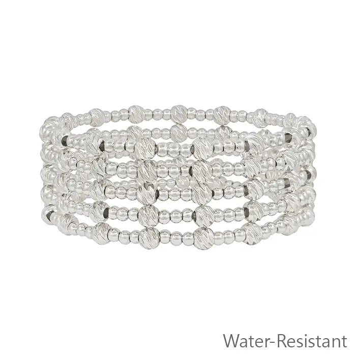 Water Resistant Silver 3mm Beaded Set of 5 Stretch Bracelets w/ Gold Accent Bead