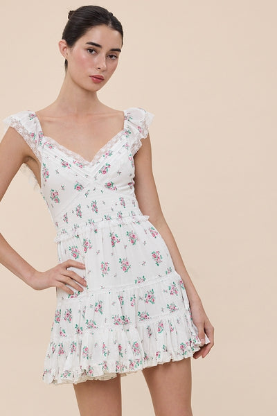 Floral Wing Sleeve Tiered Lace Mini Dress