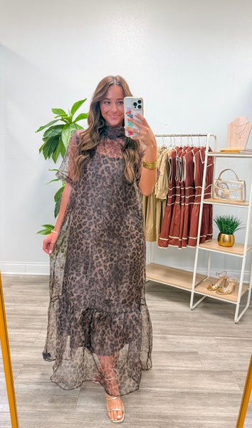 Leopard Print Short Sleeve Midi Dress