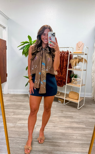 Floral Button Down Tie Neck Top