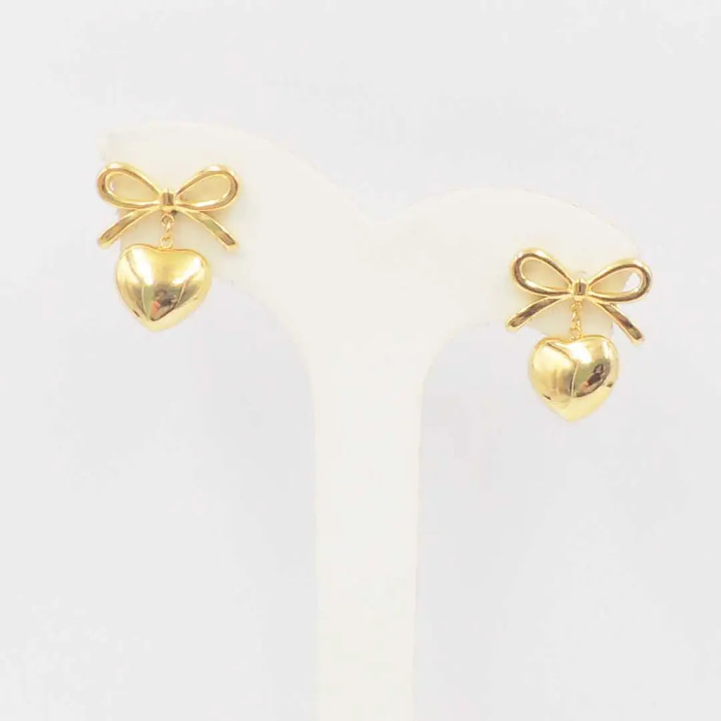 Stainless Steel Gold Open Bow w/ Puffy Heart 1" Drop Earring