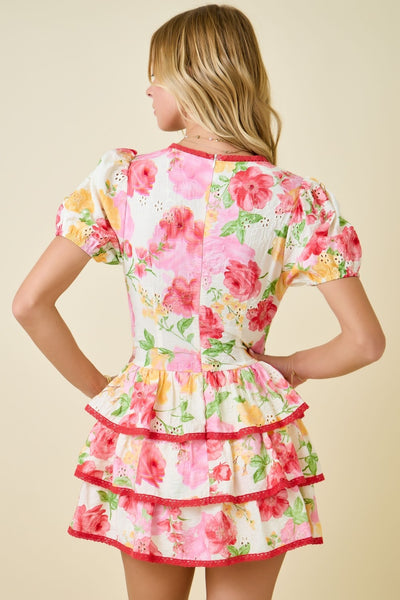 Eyelet Floral Ruffle Romper Dress W/ Lace