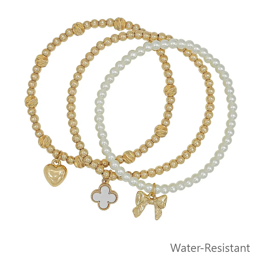 Water Resistant Set of 3 Pearl & Clover Charm Stretch Bracelets