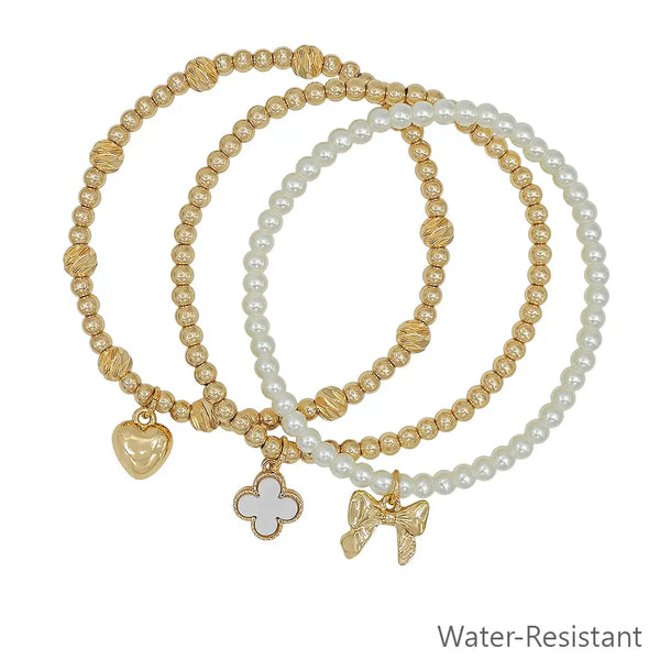Water Resistant Set of 3 Pearl & Clover Charm Stretch Bracelets