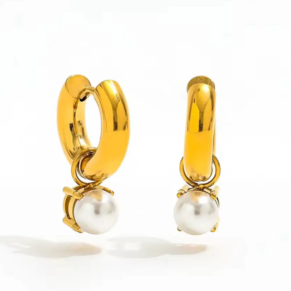 Lila Earrings ~ 18k Gold-Plated Stainless Steel Huggies with Pearl Drop