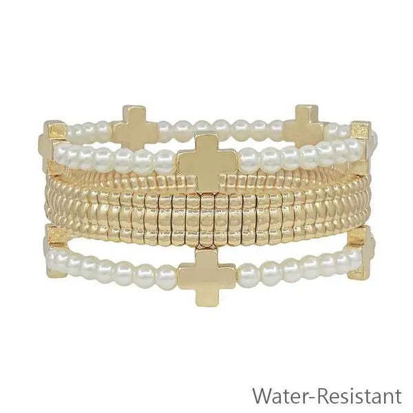 Water Resistant Set of 3 Pearl Bracelets w/ Gold Cross & Gold Watch Band Style Stretch Bracelet