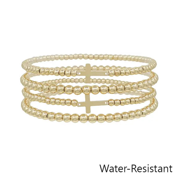 Water Resistant Set of 4 Cross & Gold Beaded Stretch Bracelets