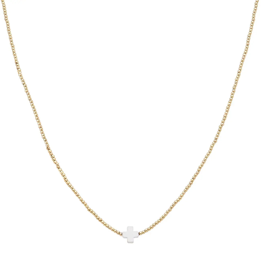 Gold Ccb Beaded with Single White Cross 16"-18" Necklace