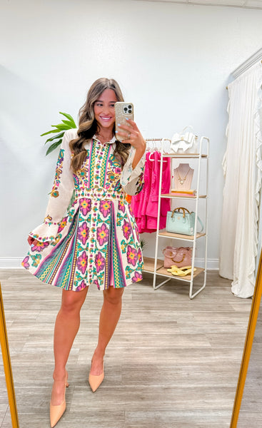 Printed Button Down Pleated Dress