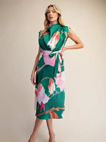 Floral Sleeveless Satin Midi Dress
