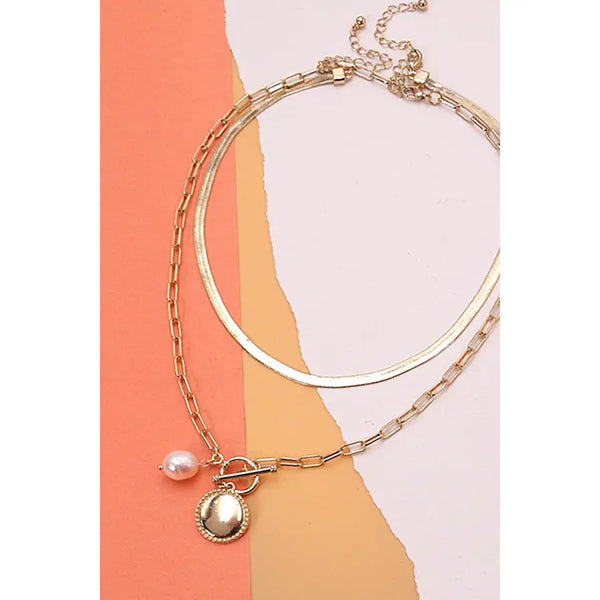 Double Row Circle Pearl Pendant Necklace