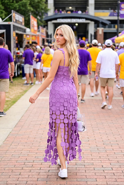 Lace Appliqué Fringe Hem Midi Dress