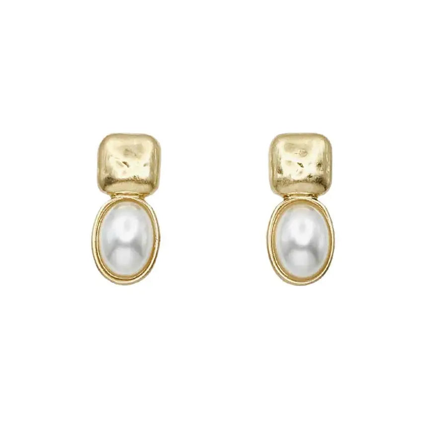 Gold Square with Pearl Oval 1" Earring