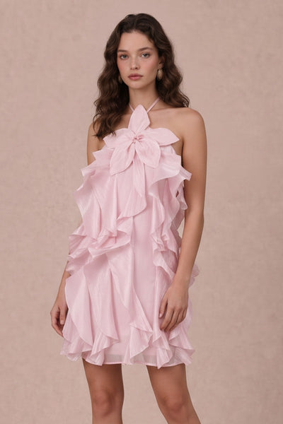 Floral Applique Ruffle Halter Mini Dress
